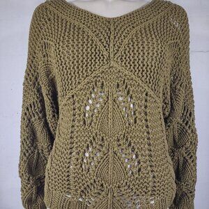 Sundance moss green open knit crocheted V-Neck pullover sweater ladies Large